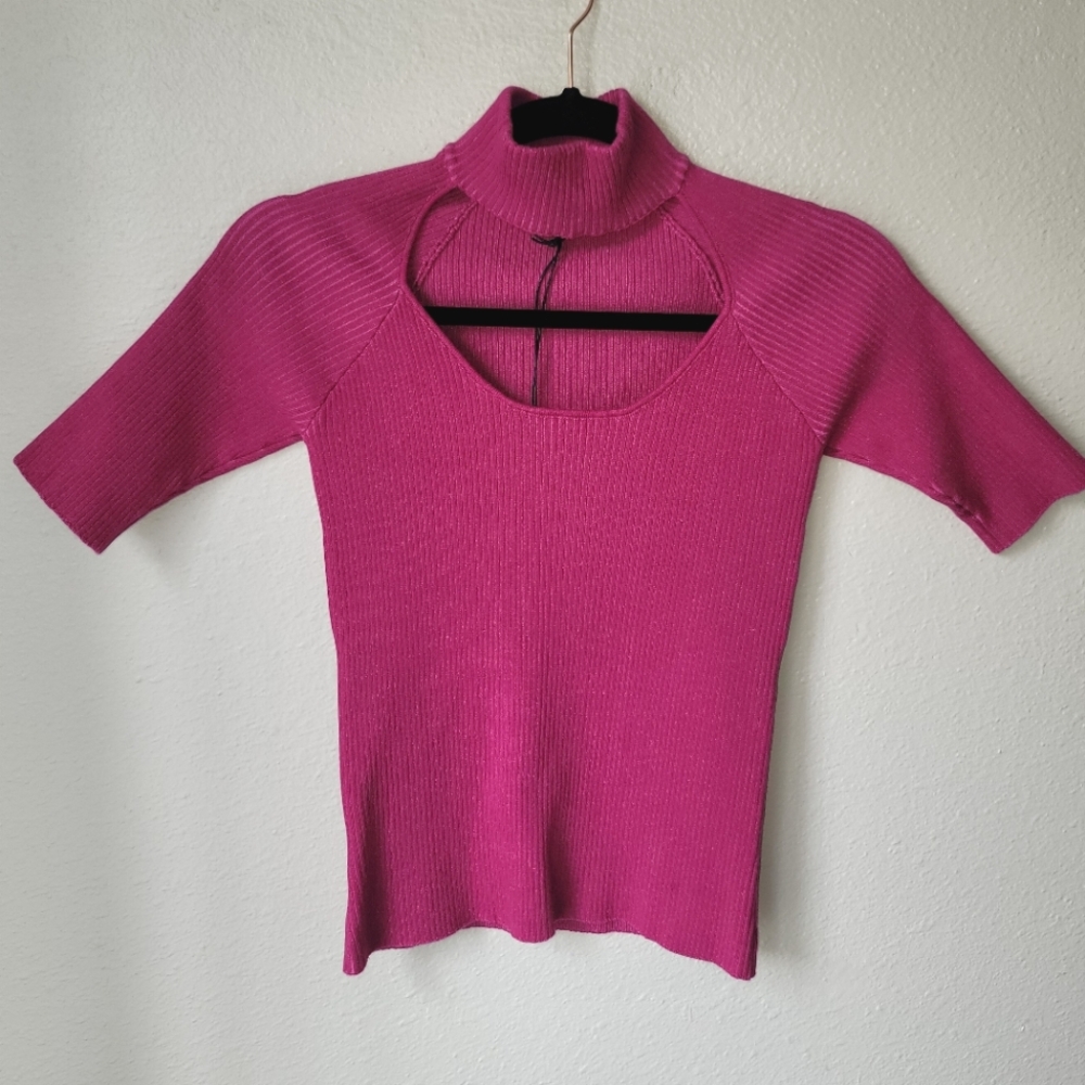 NWT Monrow Two Ribbed Cutout Short Sleeve Sweater Size Small In Raspberry Rose - Picture 3 of 7